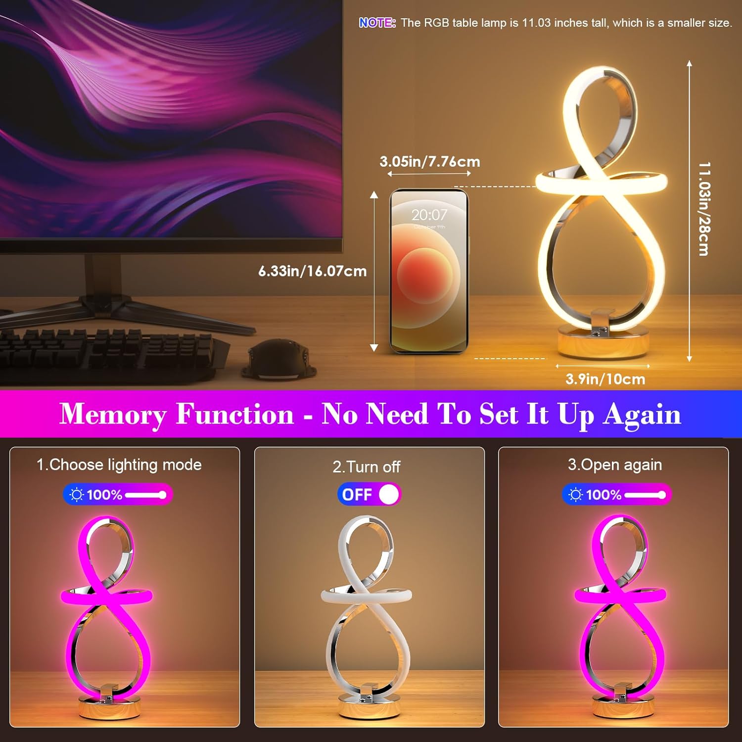 Modern Table Lamps, 3 Levels Dimmable Spiral LED Lamp with Memory Function, Touch & Remote Control Bedside Lamp with 16 Modes, RGB Color Changing Lamp Decoration Bedroom, Christmas Gift