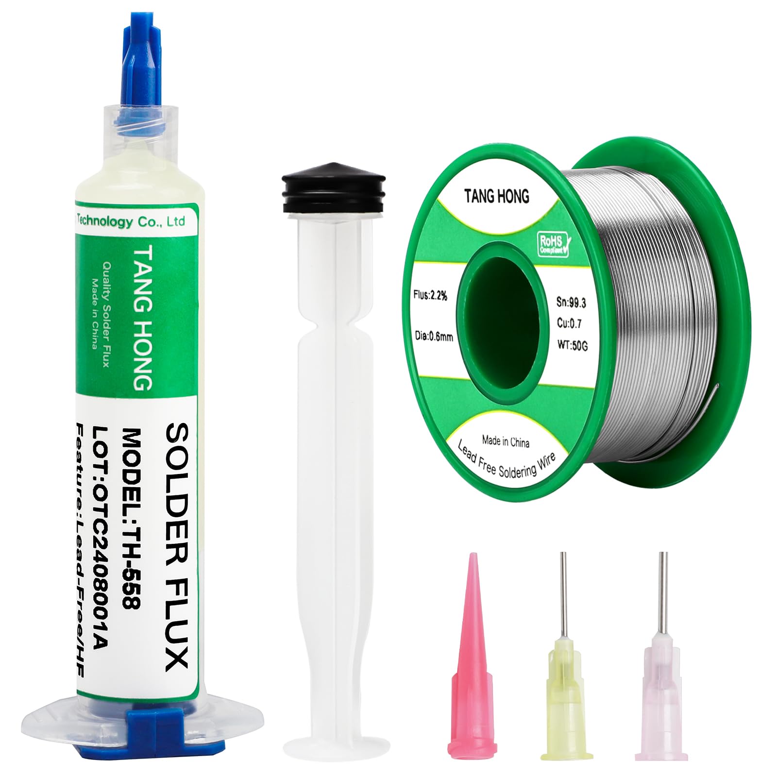 TANG HONG Soldering Flux and Solder Wire Kit,10CC No Clean Solder Flux (1 PACK), 50g Lead Free Rosin Core Solder Wire (1 PACK)