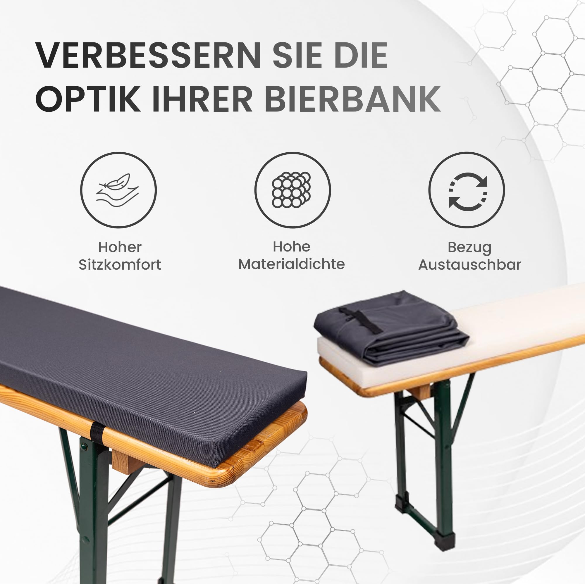 TexDeko® Bierbankauflage gepolstert für Bierzeltgarnitur 170x23x4cm (kurz) XL Polsterung Biertisch-Auflage (Premium, Anthrazit)