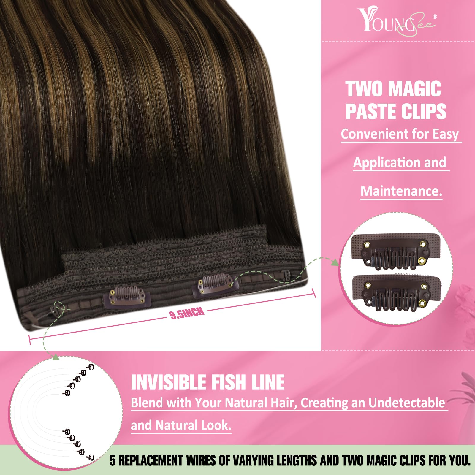 YoungSee Wire Hair Extensions Brown Balayage Invisible Wire Hair Extensions Real Human Hair Dark Brown Mix Medium Brown One Pice Hair Extensions Short Straight Hair 70G 12Inch — view 3