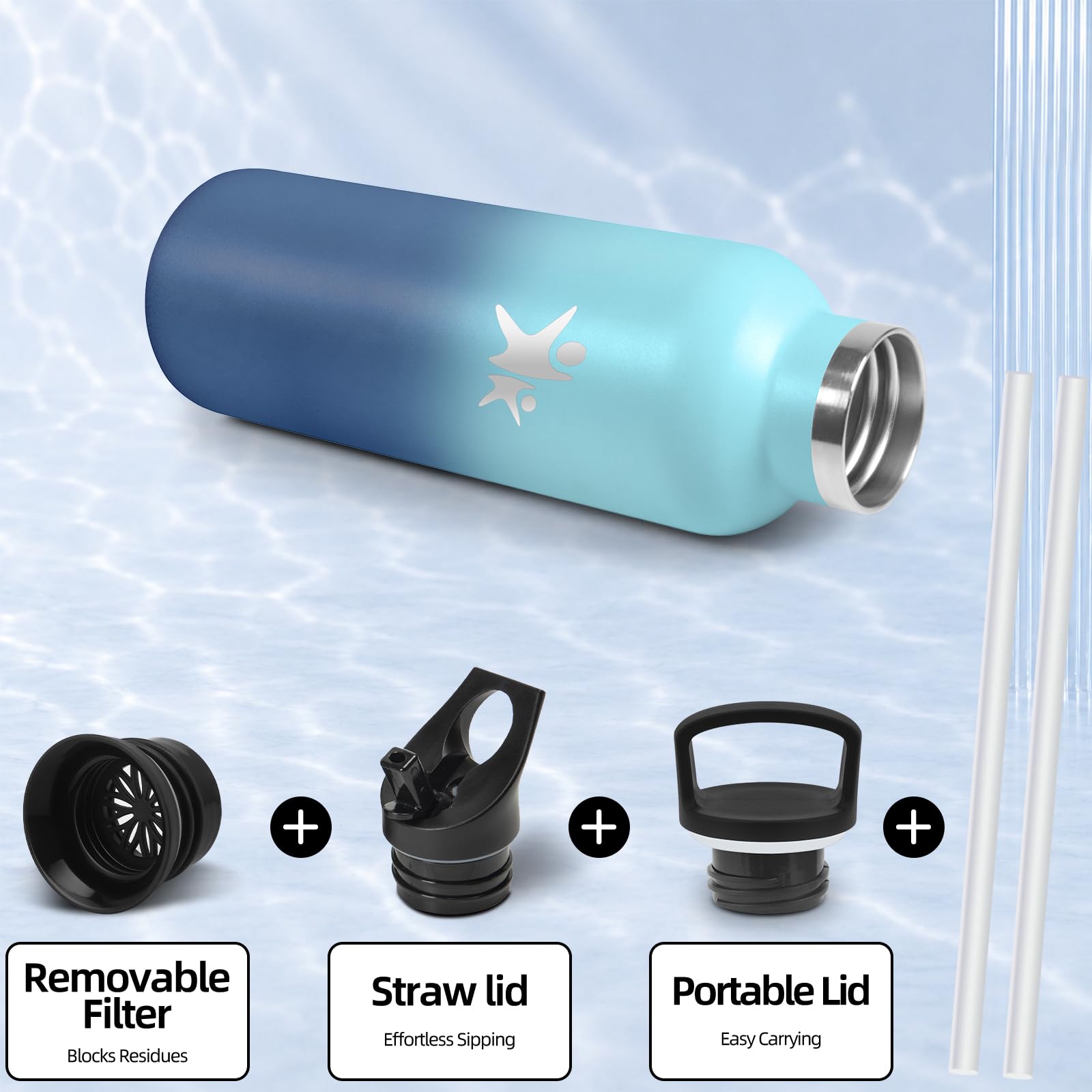 Motswedi Botella Termica 750 ml, Borraccia Acciaio Inox, per Acqua Fredda e Calda, Bottiglia Termica, a Prova di Perdite, Bottiglia Acqua, para Palestra, Ufficio, Yoga, Azzurro cielo & Blu scuro
