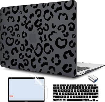 TWOLSKOO for MacBook Air 13.3 inch Case 2021 2020 2019 2018 Release M1 A2337 A2179 A1932 with Touch ID, Plastic Hard Shell Case & Keyboard Cover & Type C Adapter, Black Leopard
