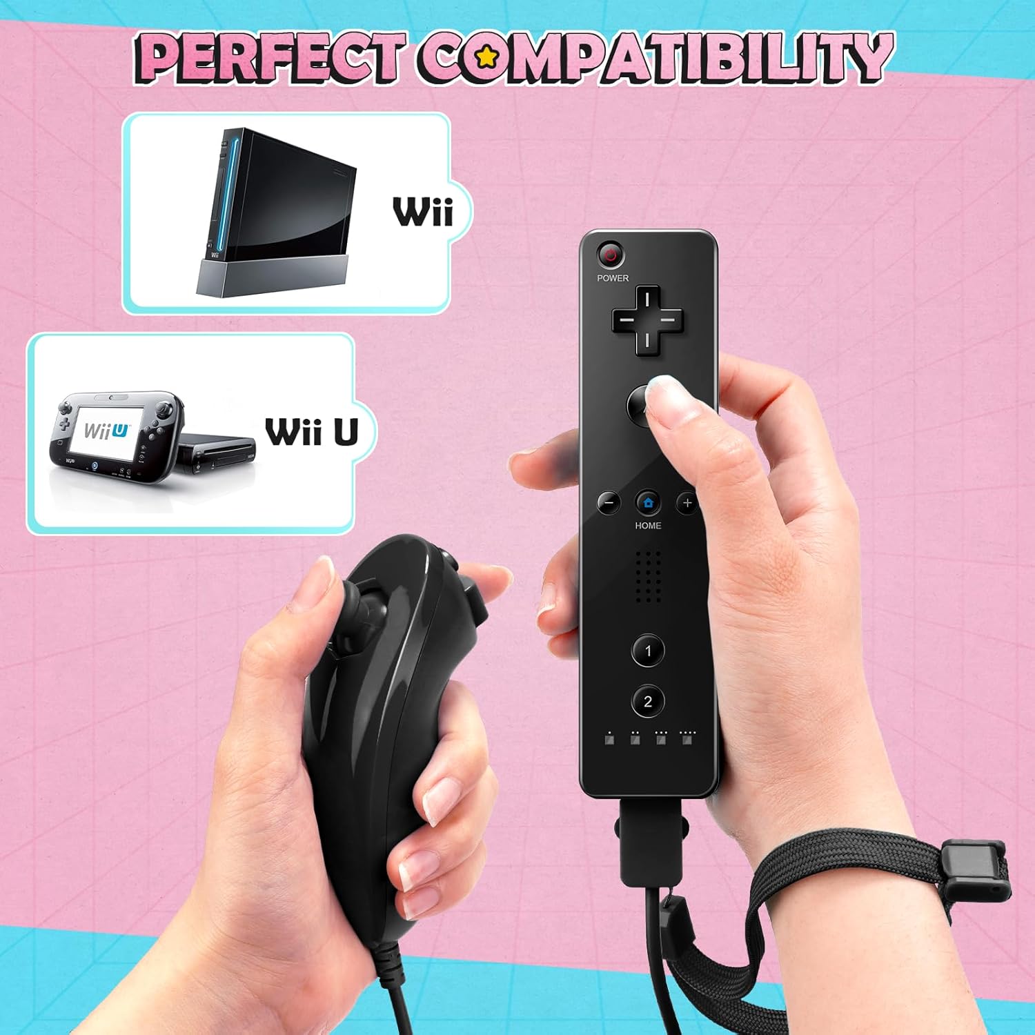 Wii Controller 2 Pack, Wii Remote Controller and Nunchuck Joystick with Silicone Case and Wrist Strap for Holiday (Black and Red)