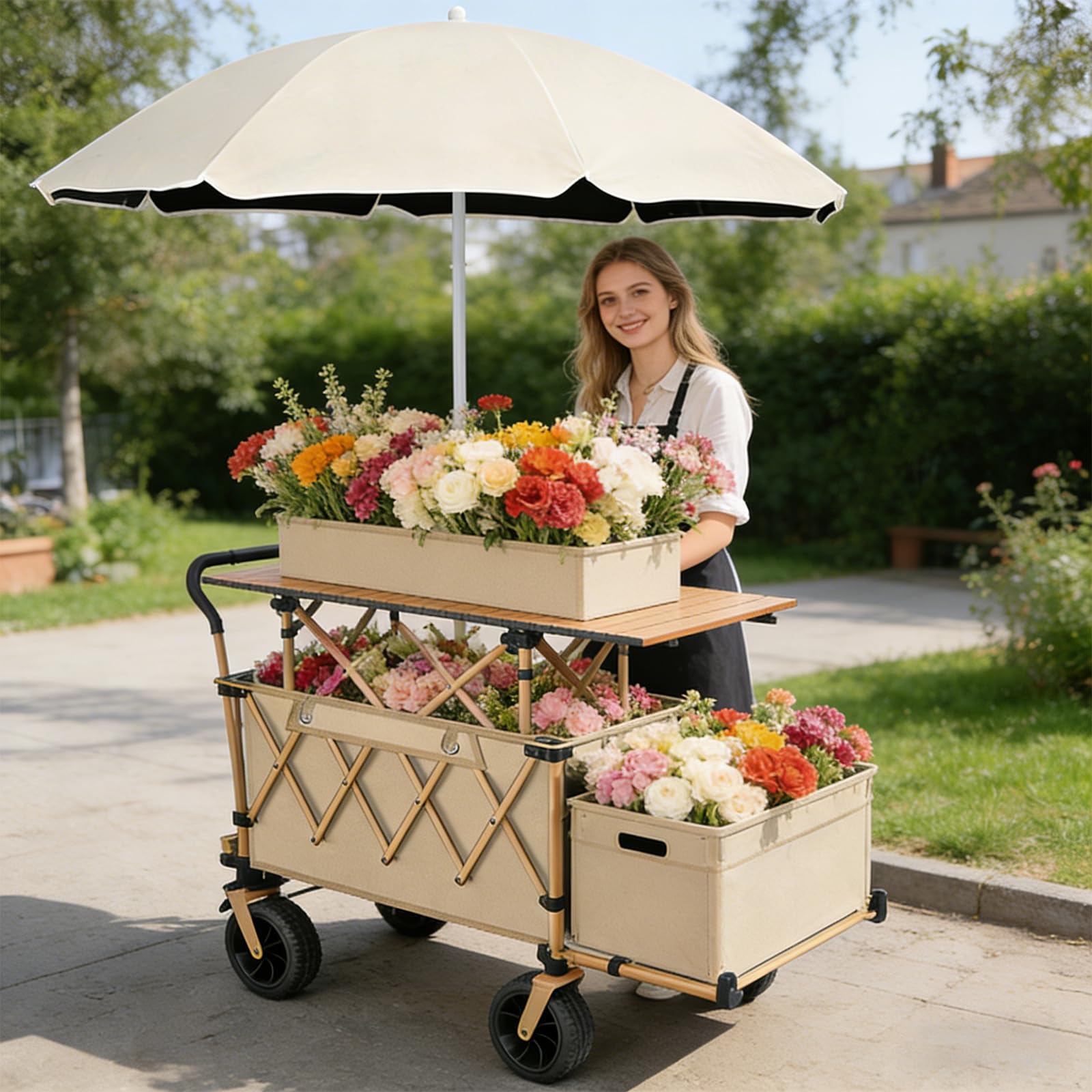 Carrello per il mercato degli agricoltori con ombrello, carrello per la spesa con ruote, carrello portatile da esterno per uso balneare e generi alimentari, versatile per un facile trasporto