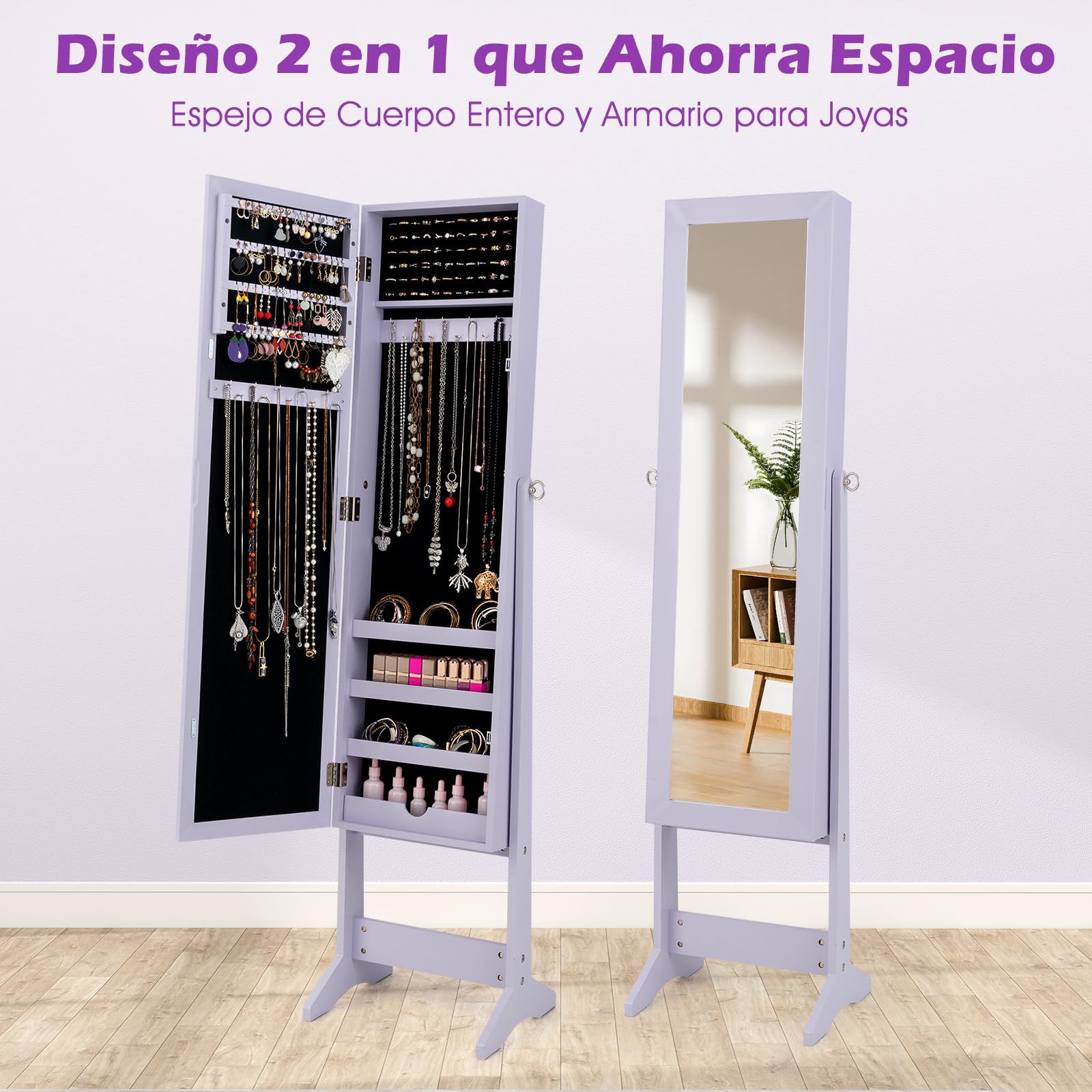 GOPLUS Espejo Joyero de Pie, 143 x 35,5 x 30,5 cm, Armario de Bisutería con 3 Inclinaciones a Elegir, Organizador de Almacenamiento para Pendiente Collar, con Espejo y 4 Compartimentos (Violeta)