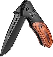 KEXMO Folding Pocket Knife for Men & Women - Sharp 3Cr13 Blade, Wood Handle, Glass Breaker, EDC Clip for Camping Hiking Survival, Black 8.46"