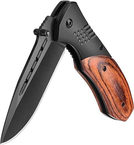 Vista 15 de Navaja de bolsillo para hombre – Cuchillos de bolsillo plegables con mango de madera con clip, rompedor de vidrio, cuchillo EDC de hoja afilada