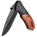 KEXMO Pocket Knife for Men - 3.46 Sharp Blade Wood Handle Pocket Folding Knives with Clip, Glass Breaker - EDC Knives for Hunting Camping Survival Outdoor Fishing Hiking Women Men, Black