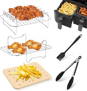 Dual Basket Air Fryer Accessories for Ninja Foodi DZ201 DZ100 SL201 & Other 8QT-10QT 2-Basket DualZone Air Fryers, Come with Air Fryer Rack Set, 100Pcs Paper Liners, Silicone Brush & Tongs