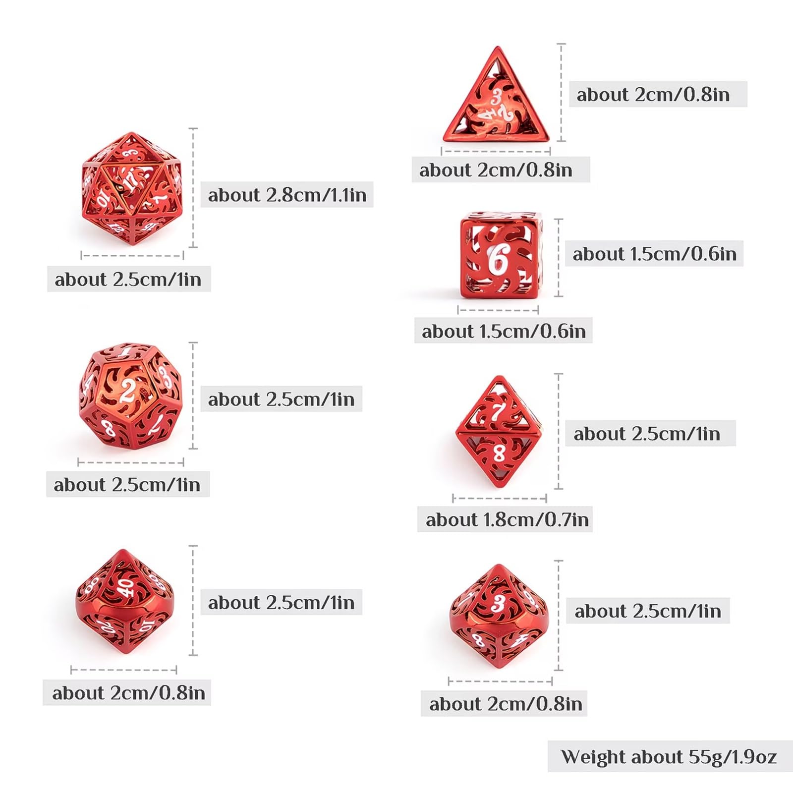 7 Dés en Métal Blanc et Rouge, Polyèdres Creux, Compatibles avec Les Jeux de Rôle, de Plateau et de Cartes