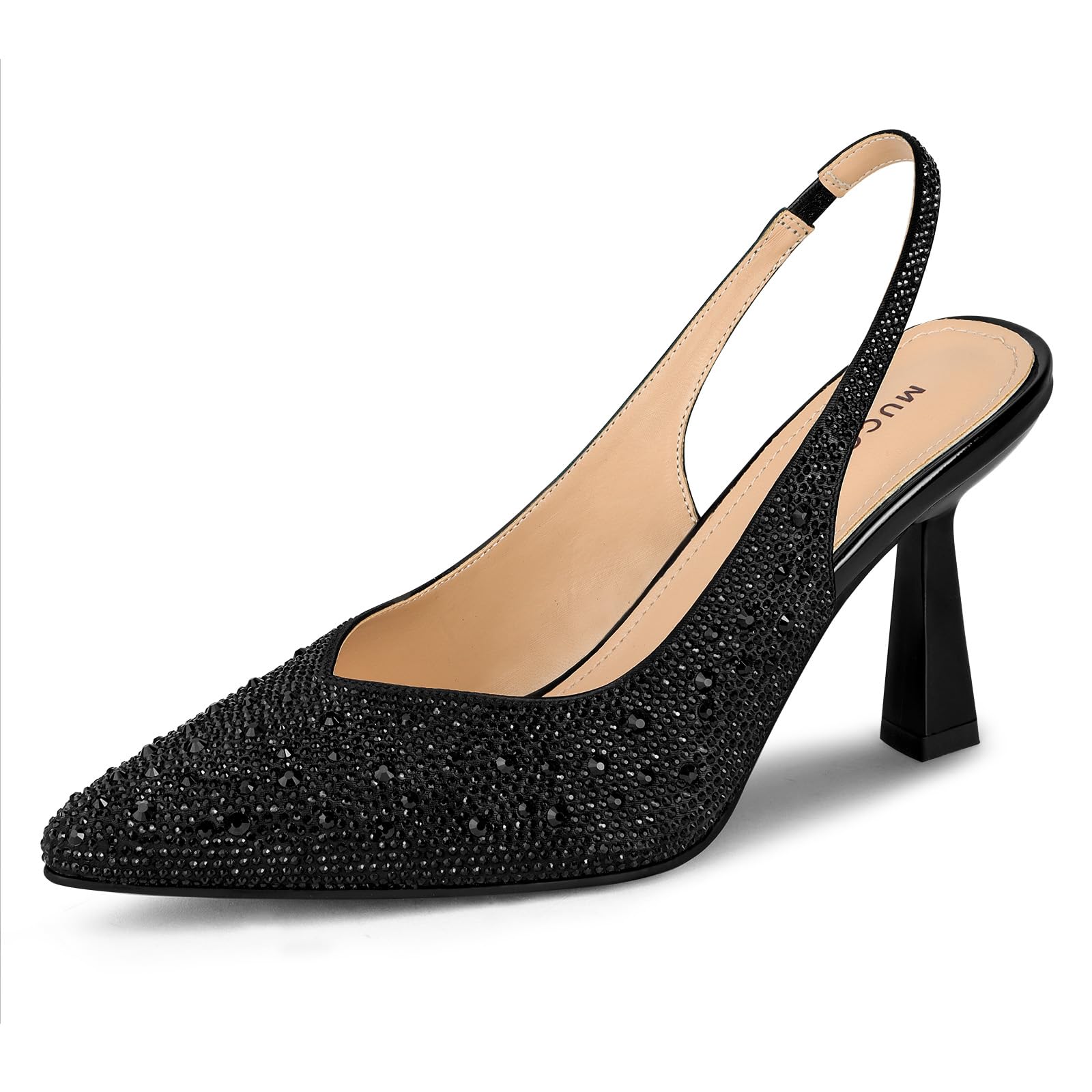 MUCCCUTE Kitten Heels for Women Slingback Heels Pointed Toe Pumps Rhinestones Pearls Stiletto Sparkly Bridal Sandals for Wedding Prom Dating