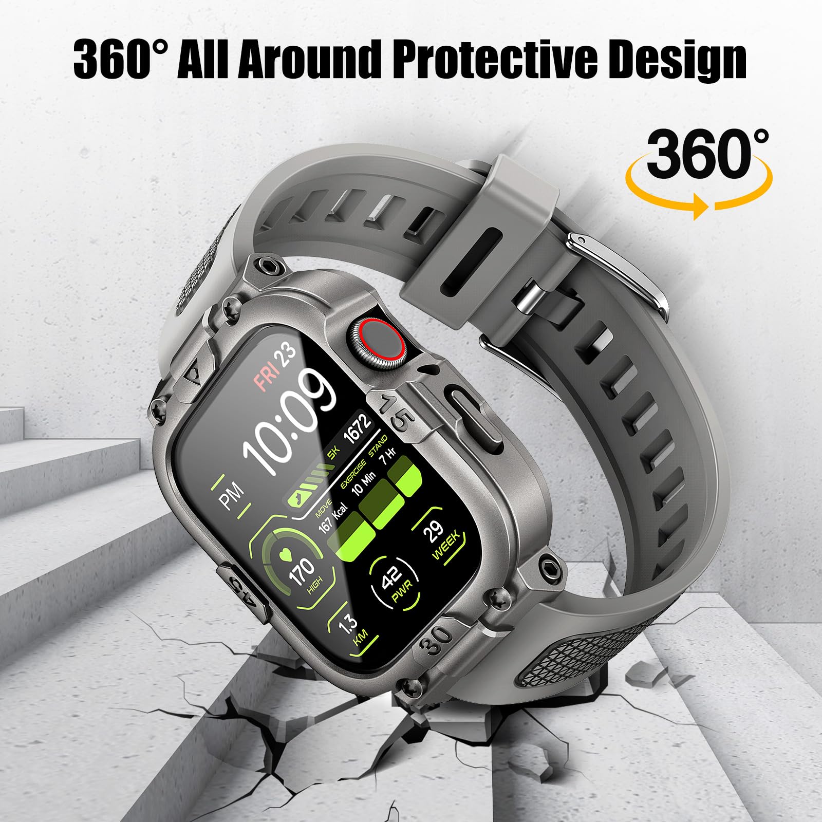 Dsytom Custodia impermeabile con cinturino compatibile con Apple Watch Band 45 mm, 44 mm, 41 mm, 40 mm, per uomo, robusto cinturino per smartwatch con pellicola protettiva in vetro temperato integrata