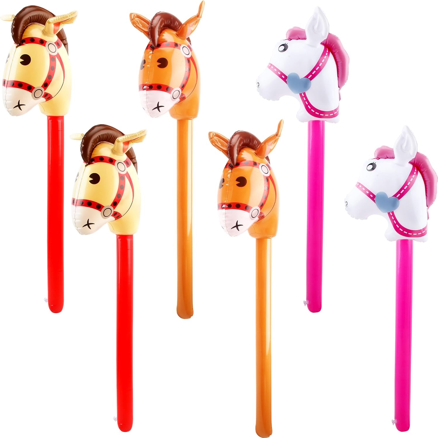 6 pack 40 Inch Inflatable Horse Stick Cute Horsehead Stick Balloon Colorful Inflatable Horsehead Stick Blow Up Pony Stick Toys for Christmas Cowboy Cowgirl Horse Theme Party Decor (Color Set 2)