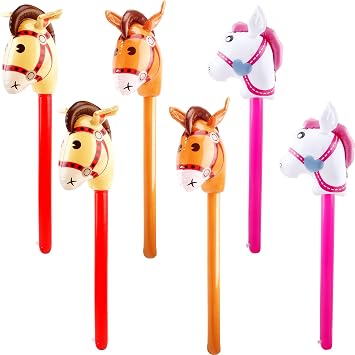 6 pack 40 Inch Inflatable Horse Stick Cute Horsehead Stick Balloon Colorful Inflatable Horsehead Stick Blow Up Pony Stick Toys for Christmas Cowboy Cowgirl Horse Theme Party Decor Color Set 2