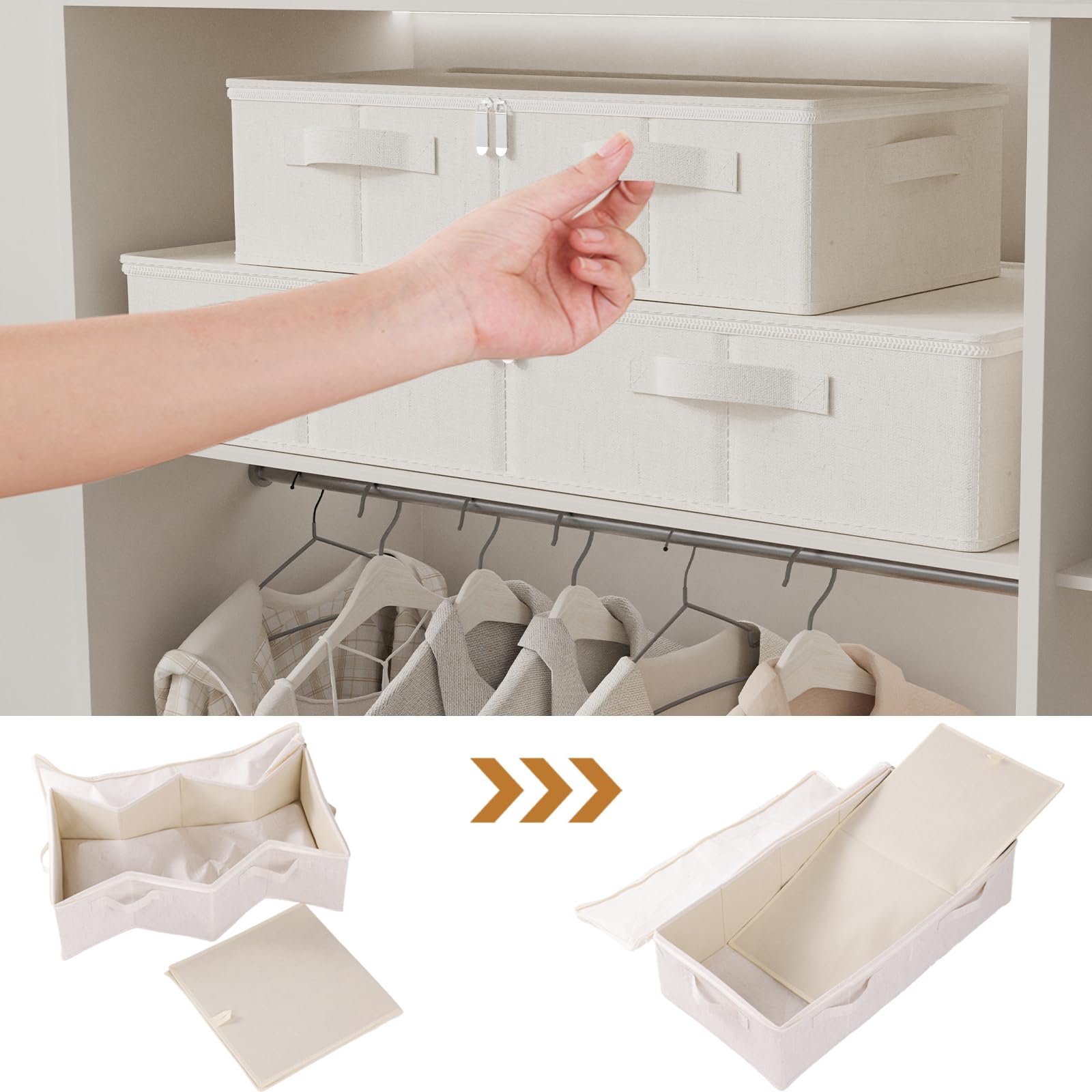 3er Boîte de Rangement en Tissu Pour Vêtements Avec Poignée, Panier Rectangulaire Pour Chaussures avec Couvercle, Pour Ranger Drap, 60×30×15cm, Beige