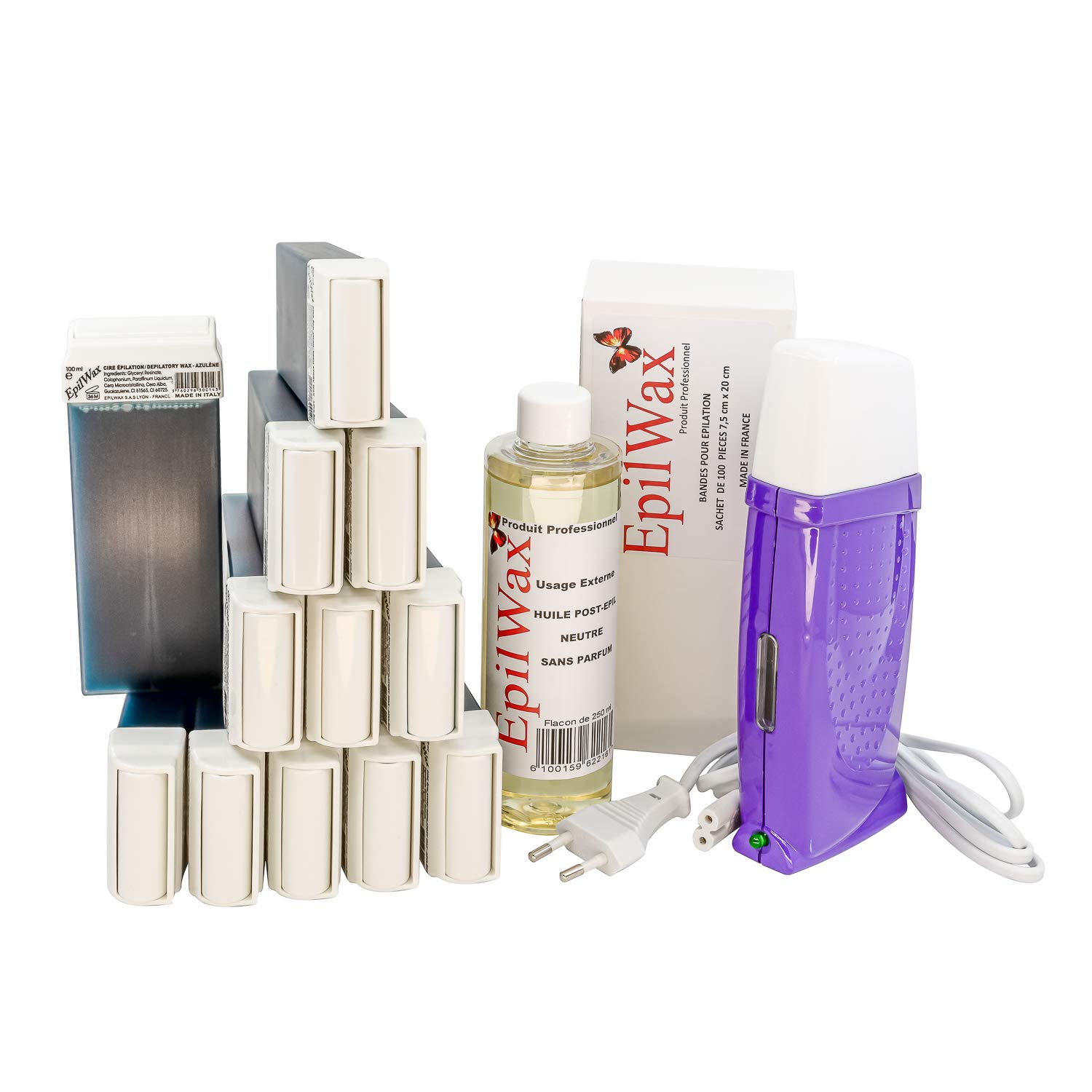 EpilWax Royal Enthaarungsset Komplett mit: Professionellem Wachswärmer,12 Roll-On Wachs 100 ml Azulen, 100 Enthaarungsstreifen, 1 Flasche mit 250ml Öl nach der Enthaarung (Royal Serie Azulen 12)