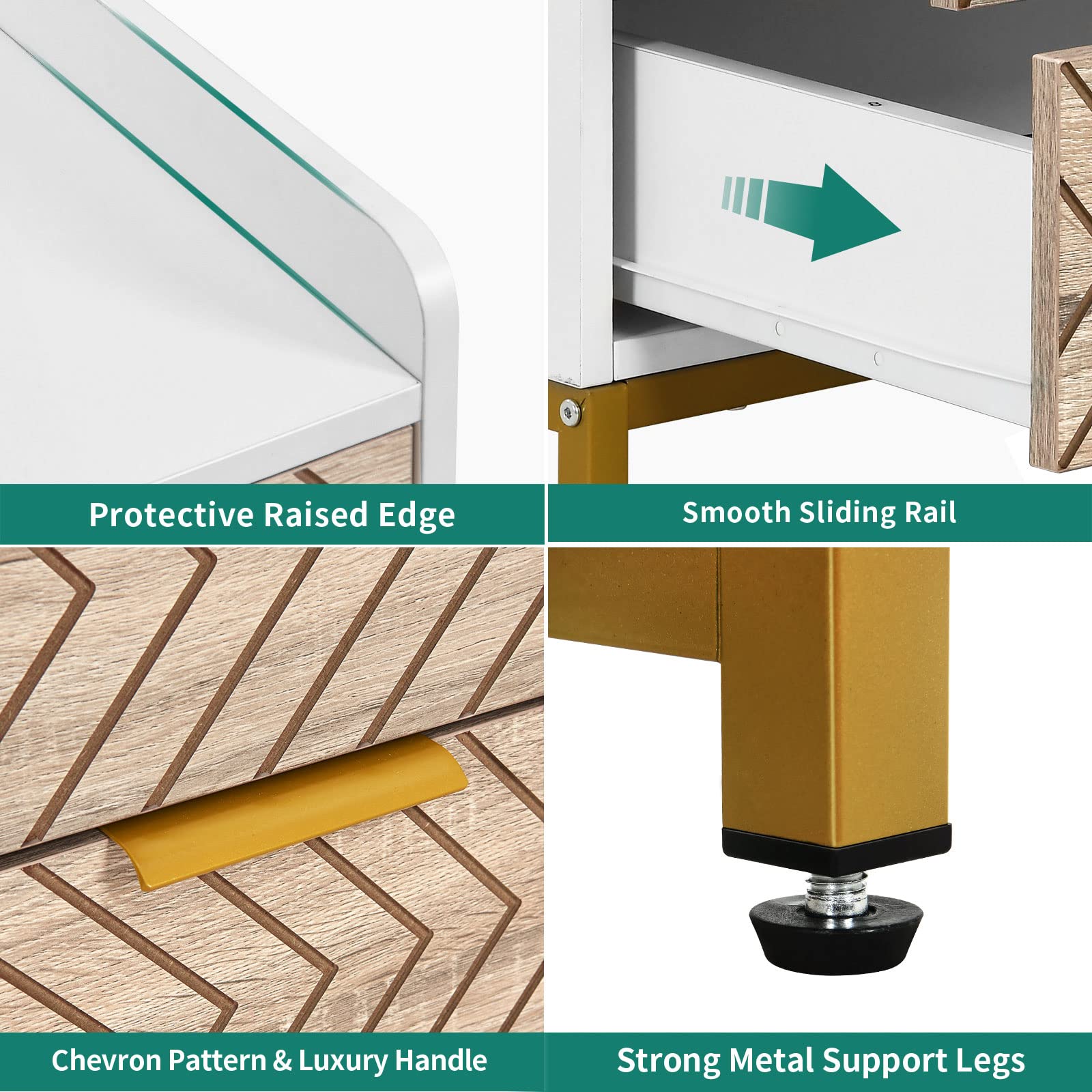 YITAHOME Nightstand with 3 Drawers, Modern Bedside Table with Chevron Design and Gold Metal Legs, Small End Side Table, Night Stands with Lip for Bedroom