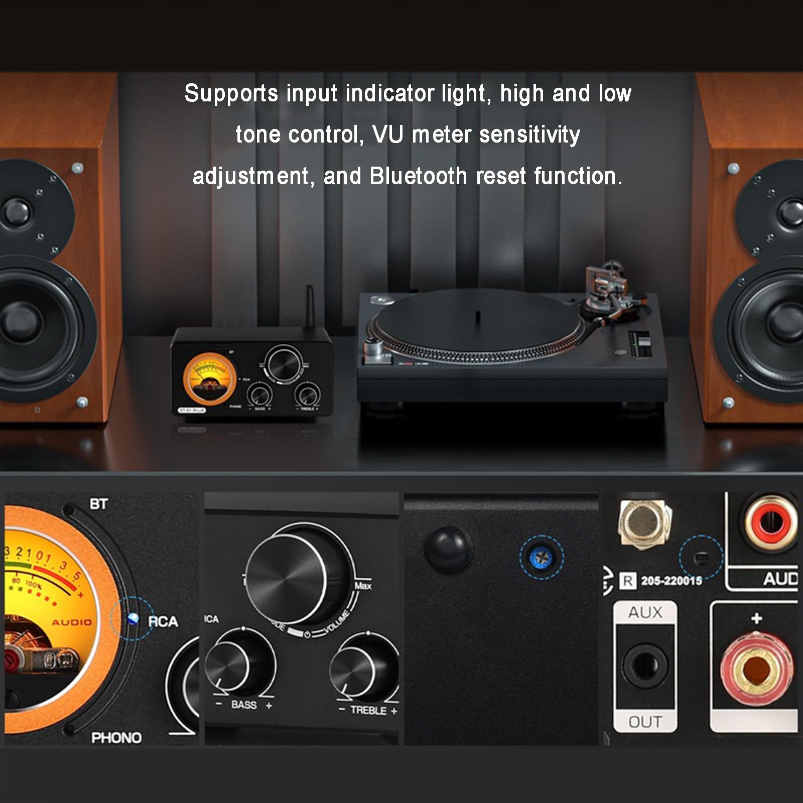 Amplificatore Stereo Bluetooth, Amplificatore Phono per Giradischi, con Misuratore VU, Controllo Alti Bassi, Ingresso Bluetooth/Stereo RCA/3,5 Mm, per Altoparlanti Home Theater