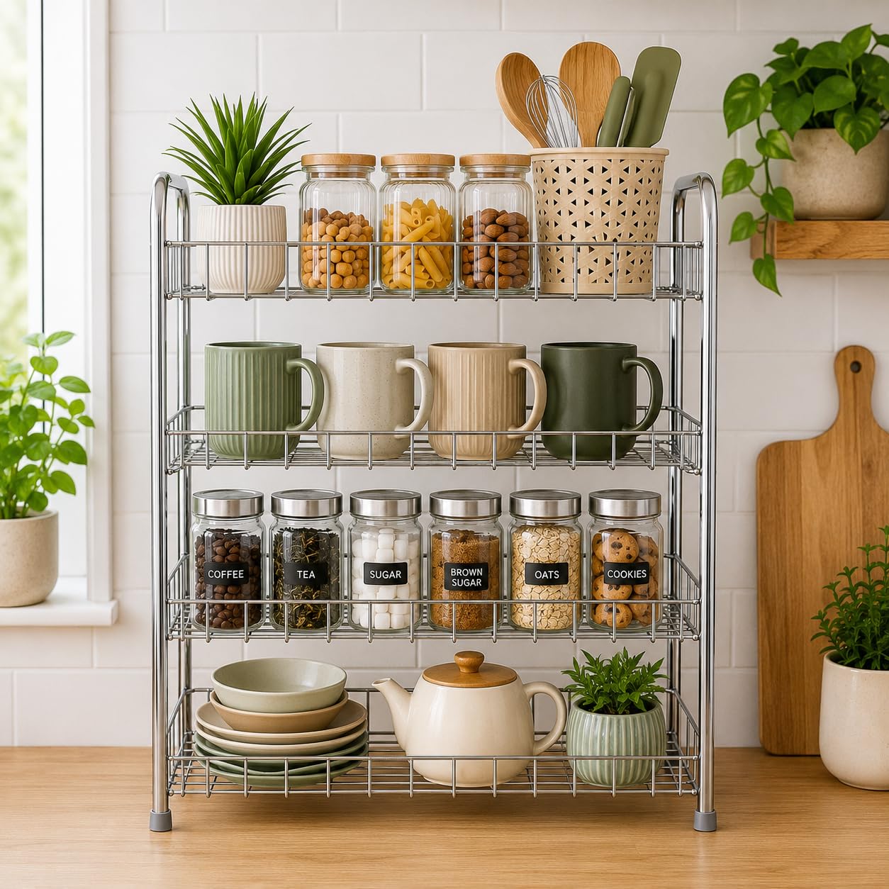 4Shelf Stainless Steel Storage Shelving Unit, Display Rack Office and Home Shelves Rack Multi-Purpose Countertop Organizer for Bottles, Utensils, Fruits,Vegetables & Crockery,Kitchen Rack-image-4