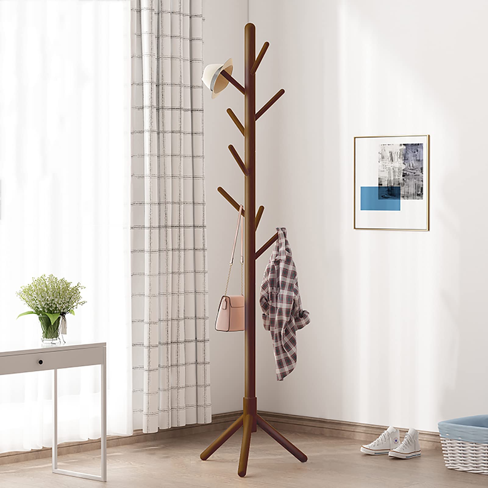 SWENEEN Wooden Coat Stand Coat Stand Coat Freestanding 8 Sturdy Tree Clothes 175Cm,Walnut-175cm