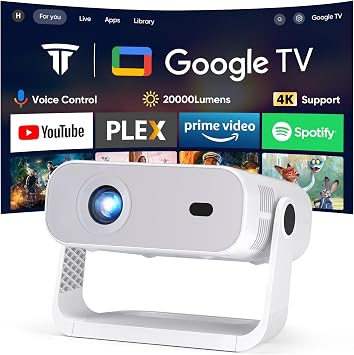 Wielio 2026 New Google TV Projector Built-in Apps Native 1080P 4K Supported WiFi 6 Bluetooth 5.2, 20000 Lumens, Low Fan Noise <30dB, Home Cinema Projector for iOS/Switch /PS5