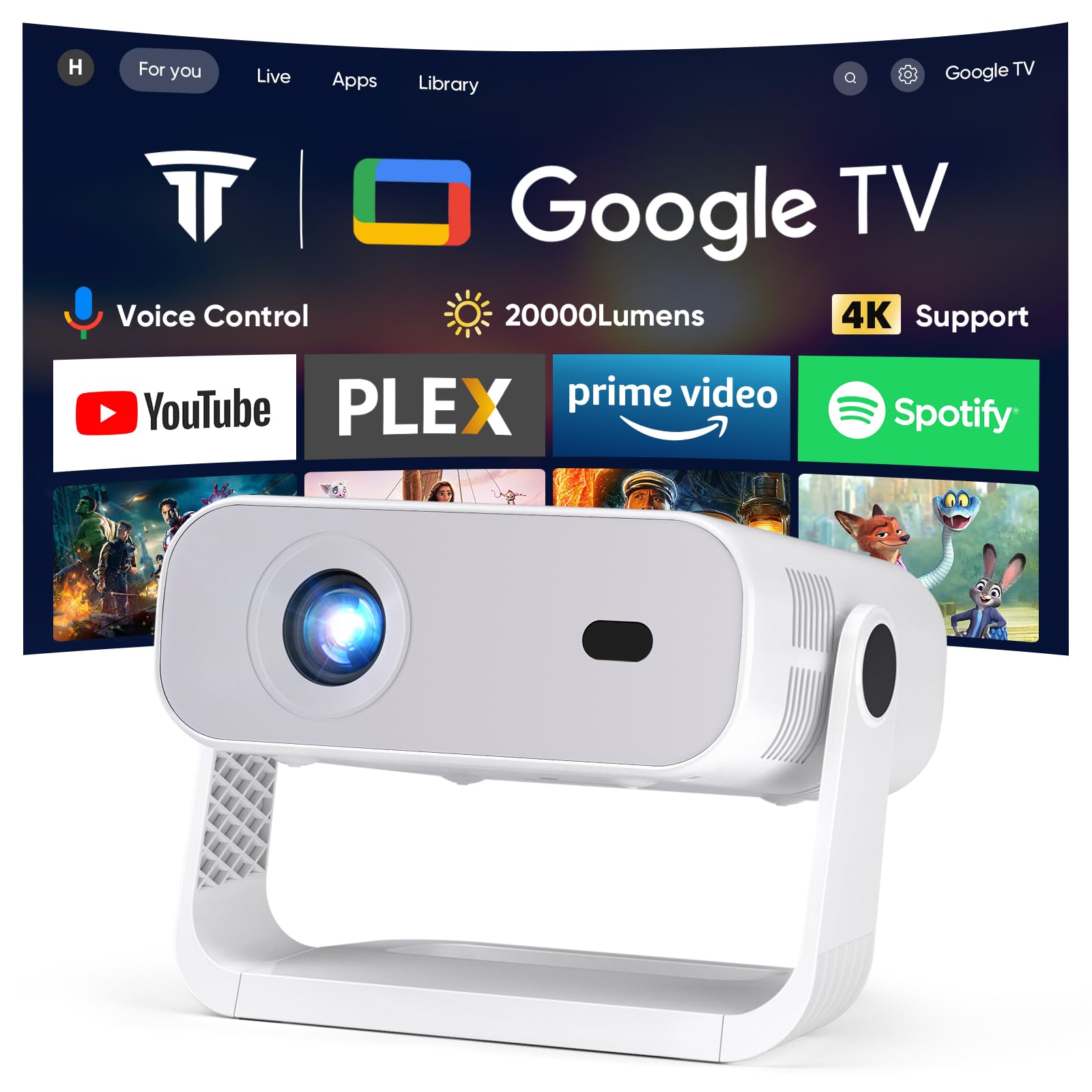 Wielio Proyector de Google TV 2026, aplicaciones integradas, nativo 1080P 4K, compatible con WiFi 6, Bluetooth 5.2, 20000 lúmenes, bajo ruido de ventilador (<30 dB), proyector de cine en casa para iOS