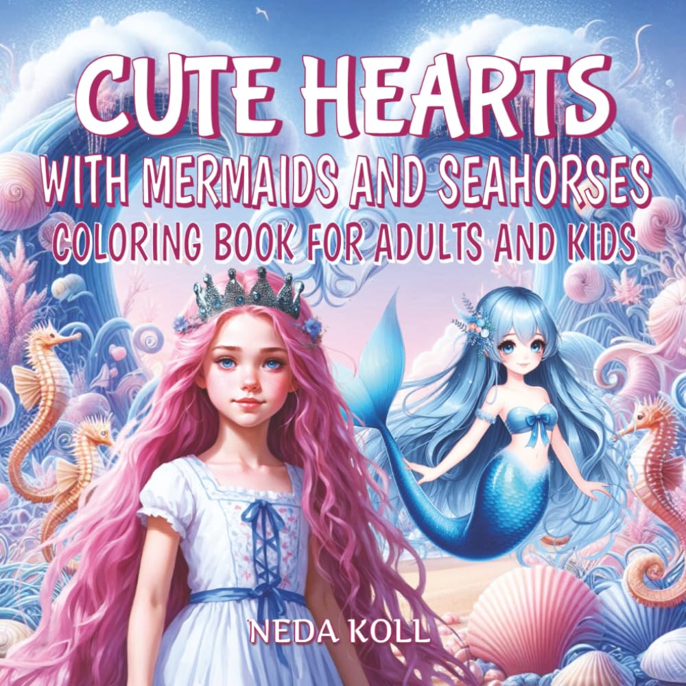 Cute Hearts with Mermaids and Seahorses Coloring Book for Adults and Kids: Magical Underwater Coloring Adventure – 40 One-Sided Pages with Enchanting Mermaids, Seahorses, and Ocean Creatures