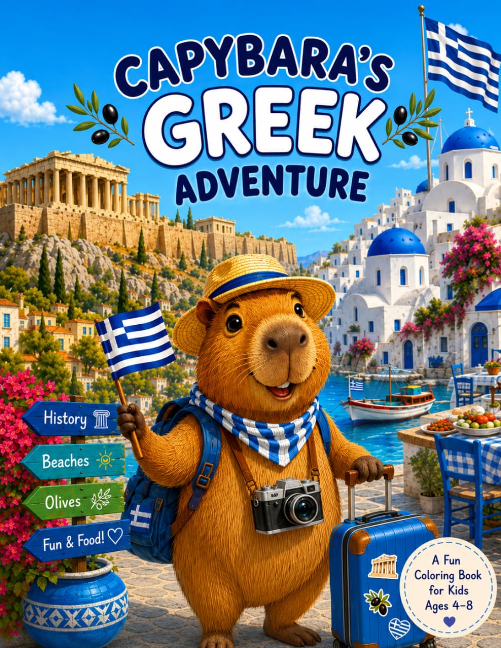 Capybara's Greek Adventure: A Fun Coloring Book for Kids Ages 4-8 | Explore Athens, the Acropolis, Beautiful Beaches, Olive Groves, Greek Traditions, ... Sunny Adventures (Capybara Around the World)