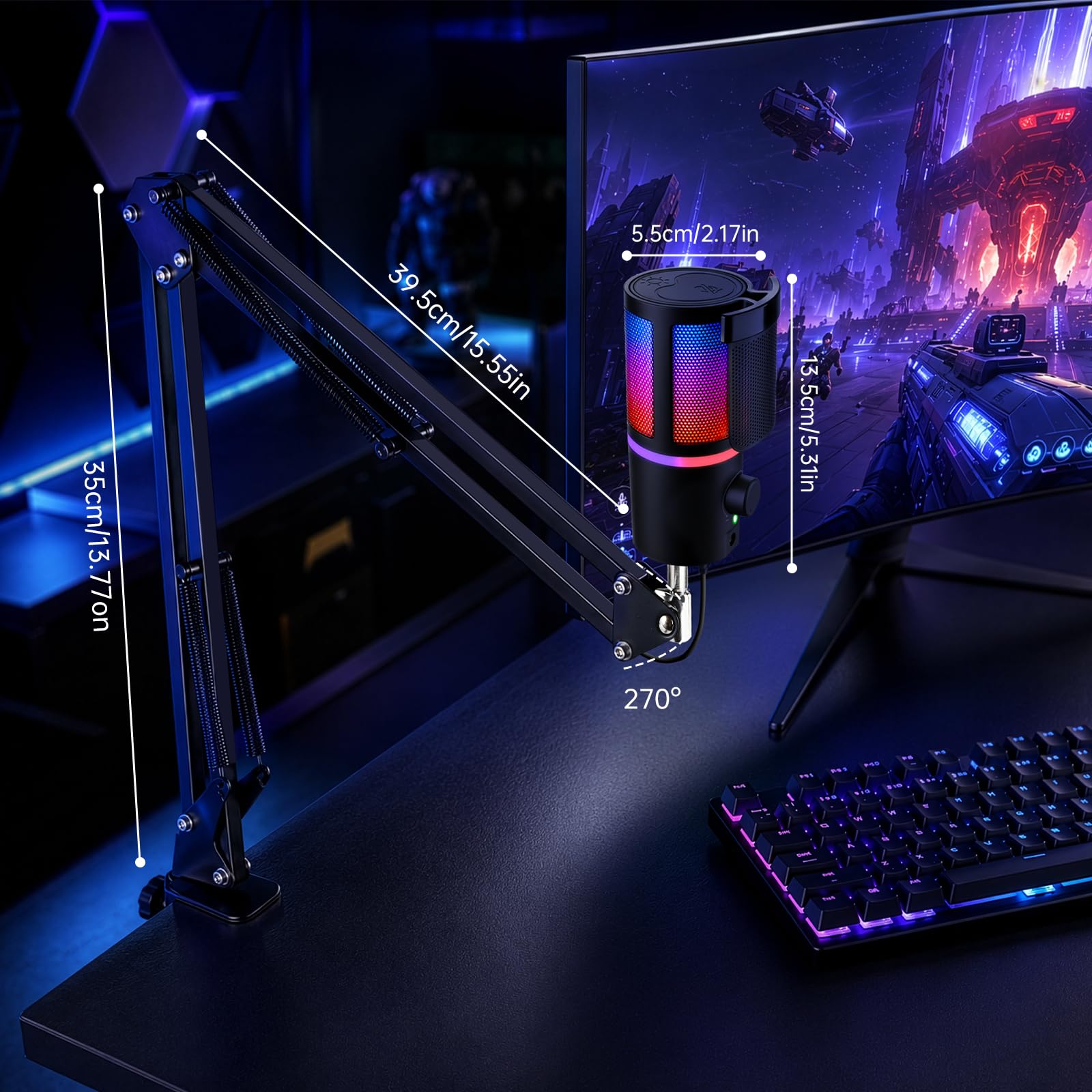 Micrófono USB con luz RGB, control de volumen, botón de silencio, conector de auriculares de 3,5 mm.