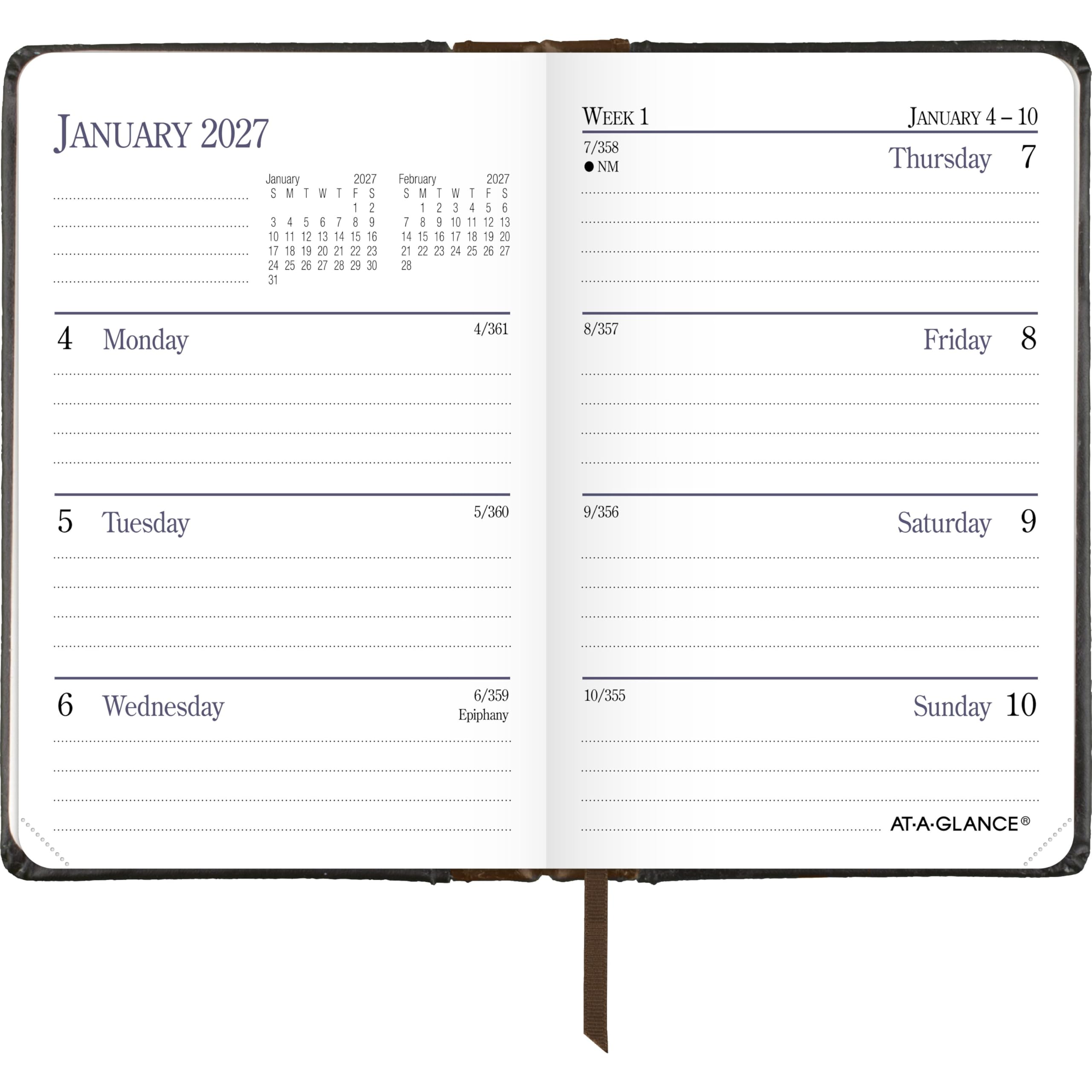 AT-A-GLANCE 74010527 Terminplaner, Wochen- und Monatsplaner, 7 x 10,8 cm, Taschenformat, feines Tagebuch, Kunstleder, Hardcover, Schwarzbraun