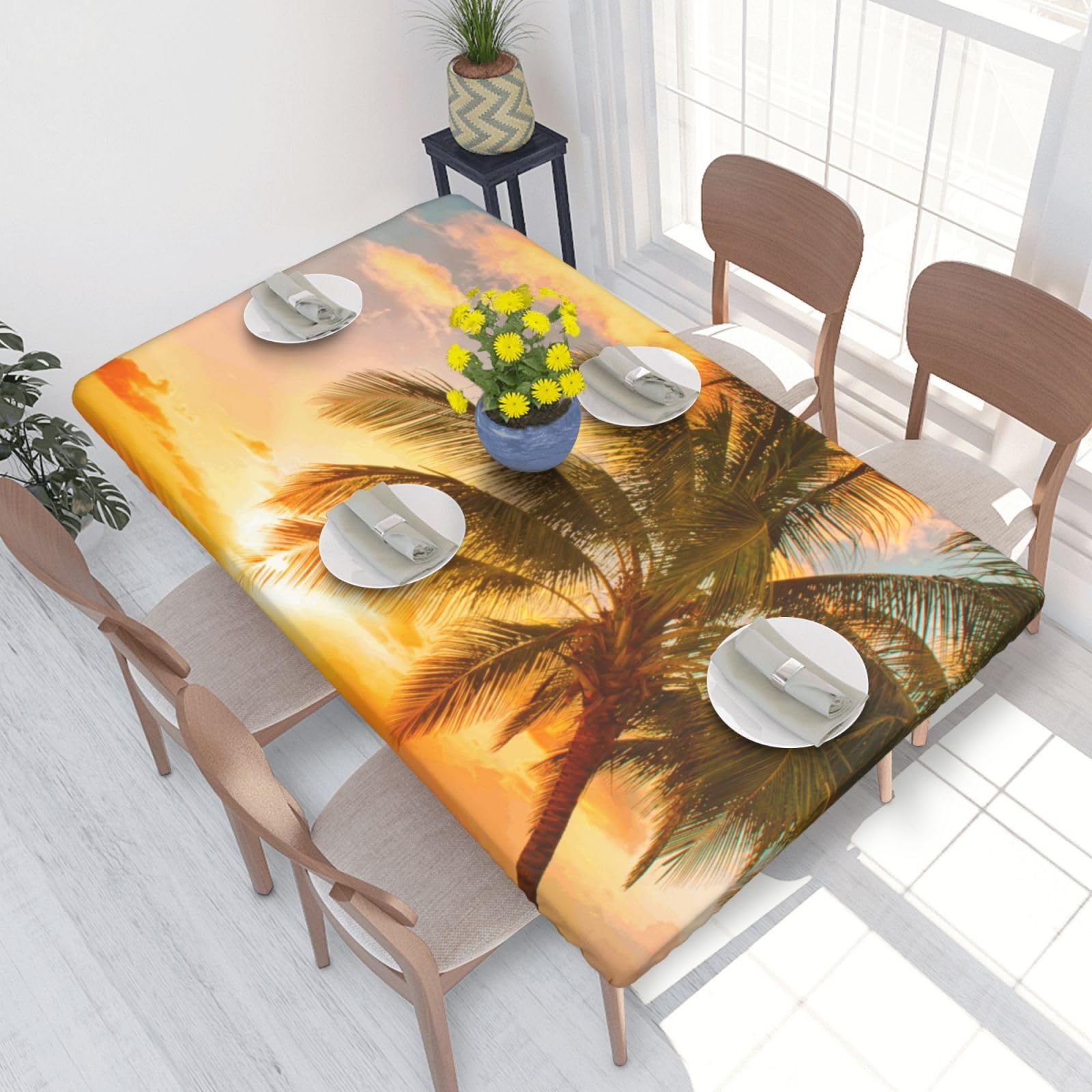 BNVSADC Tropical Beach Palm Tree Sunset Printed 4FT Tablecloth 122x76 CM Polyester Kitchen Water Resistant Table Cloth Dining Table Decoration Table Covers