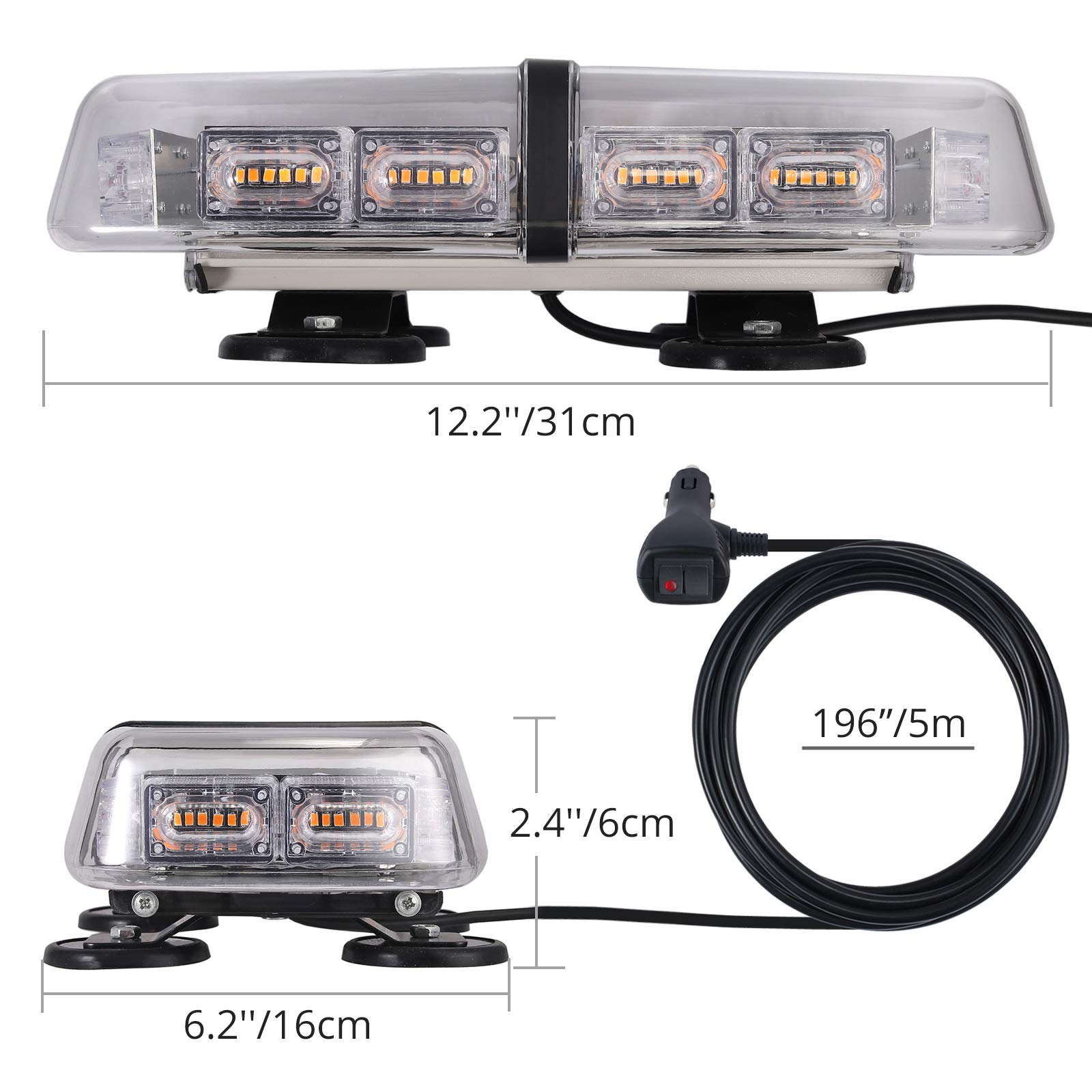 Justech Luce Stroboscopica d'Avvertimento 72 LED-12/24V Luci Lampeggianti Emergenza 7 Modalità Flash+Doppio Interruttore con Base Magnetica per Auto Rimorchio Camion Caravane ecc - E-mark