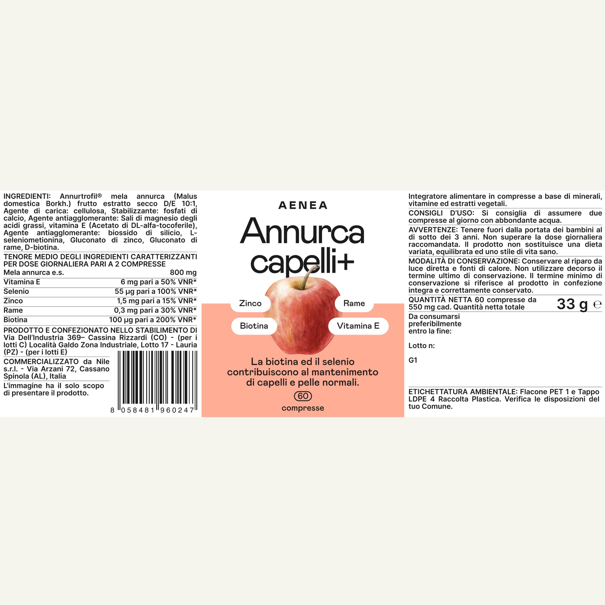 Aenea, Mela Annurca Capelli 60 Cps, Anticaduta Uomo e Donna, Rinforza e Favorisce la Crescita Con Biotina, Selenio, Rame, Vitamina E, Melannurca Integratore Capelli, Cuoio Capelluto, Pelle e Unghie