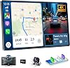 Pantalla Wireless Carplay 11.3" para auto con cámara frontal 4K y cámara de reversa 1080P, estéreo para auto con Carplay y Android Auto, navegación GPS, Bluetooth, Mirror Link, control por voz, AUX, FM, Siri 1