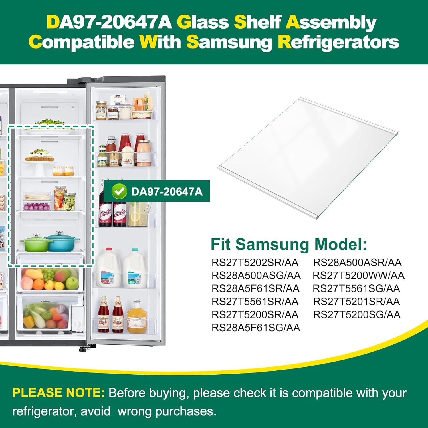 Upgraded DA97-20647A Refrigerator Glass Shelf Replacement Compatible with Samsung Fridge Upper Glass,Tempered Glass Shelf Parts RS27T5201SR/AA, RS27T5200SR/AA, RS27T5200SG/AA, RS27T5561SR/AA