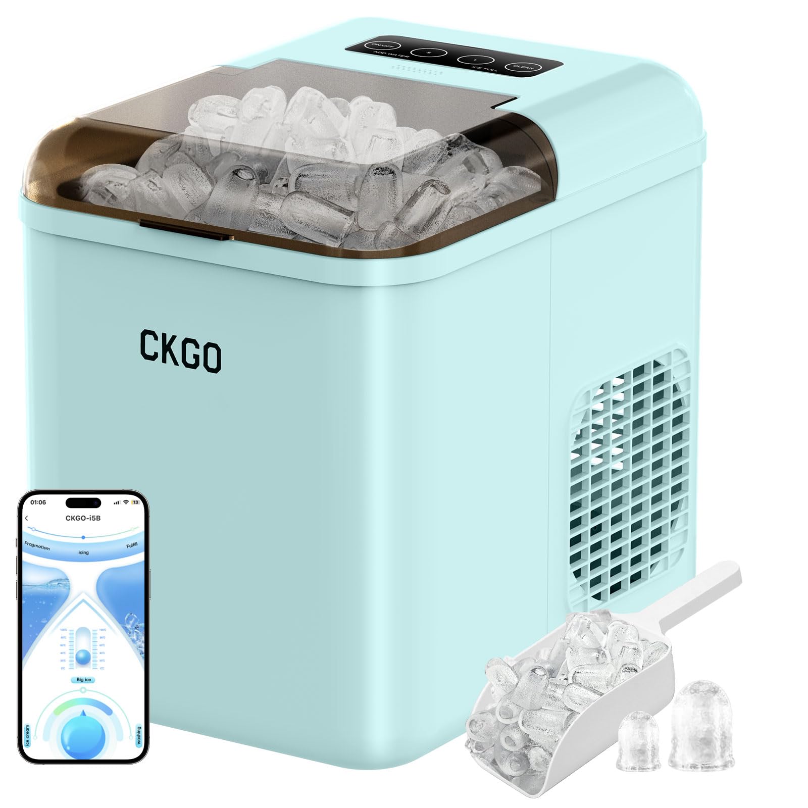 Máquina de hielo inteligente, 2 tamaños de hielo, máquina Wi-Fi, control por aplicación, autolimpiante, máquina de hielo, 15 kg en 24 horas, 9 cubitos de hielo en 6-10 minutos, encimera para
