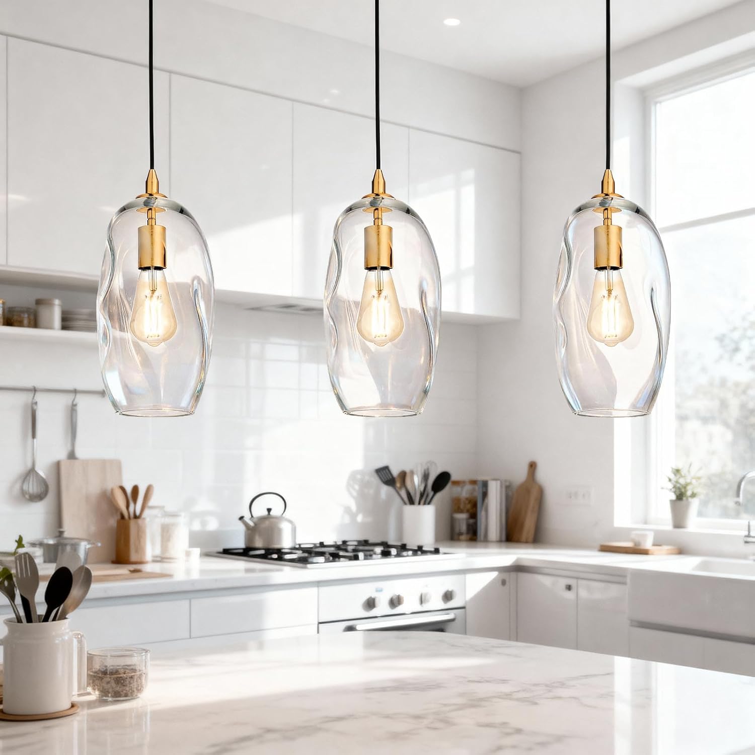 Gold Pendant Light Fixtures Adjustable Modern Kitchen Island Lighting Glass Organic Ceiling Hanging Light Fixtures for Bar, Counter, Patio, Over Sink, Dining Room,Table 12.5'' Height - Transparent