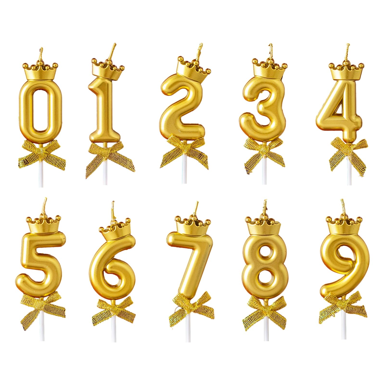 anwhriet Crown Number Birthday Candles, 0-9 Digit Cake Topper Candles with Bow, Gold/Silver/Rose Gold Number Candle for Birthday Anniversary Milestone Celebrations, Cake Decorations Golden