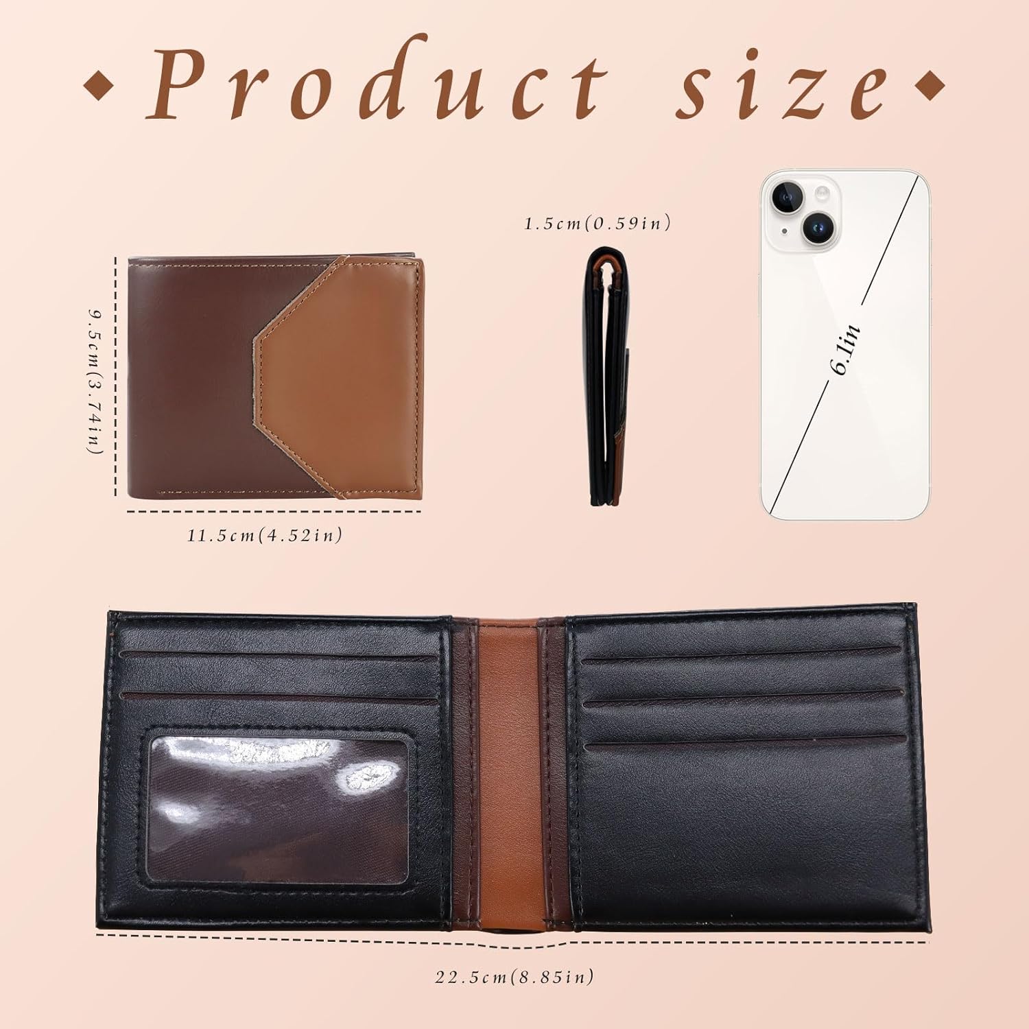 Wallet for Men, Large Capacity Bifold Wallets with ID Window, Minimalist Credit Card Holder PU Leather Wallet with Multiple Card Slots (Dark Brown) - Image 2