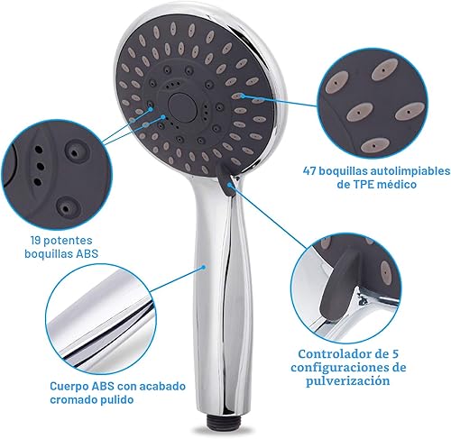 Miniatura 4 de BRIOUT - Cabezal de ducha de mano de alta presión con 5 ajustes, potente cabezal de ducha de pulverización de agua contra flujo de agua de baja