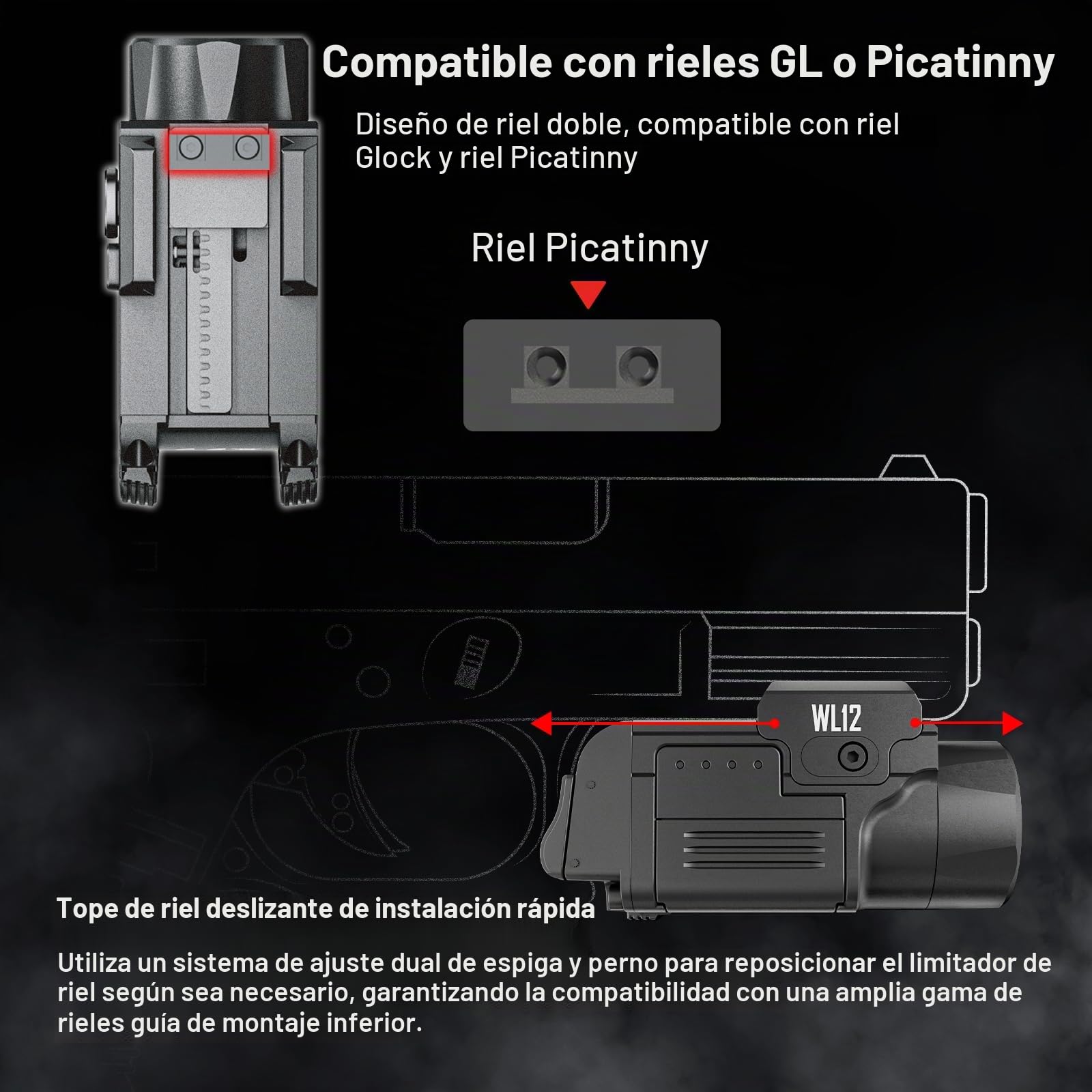 AIMWIN WL12 Linterna Táctica 650 Lúmenes 410m Alcance Largo 42000 Candela Recargable Magnética Compacta para Pistolas con Rail Glock/Picatinny 1913