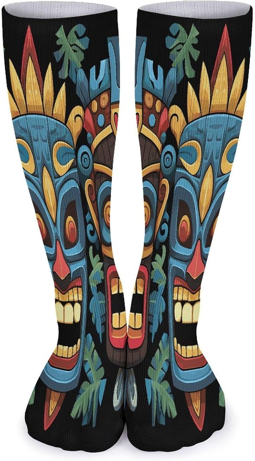 Colorful Tiki Mask Pattern Knee High Socks Cozy Knee High Socks Soft Mid-Length Sock for All Seasons Daily Wear Adult