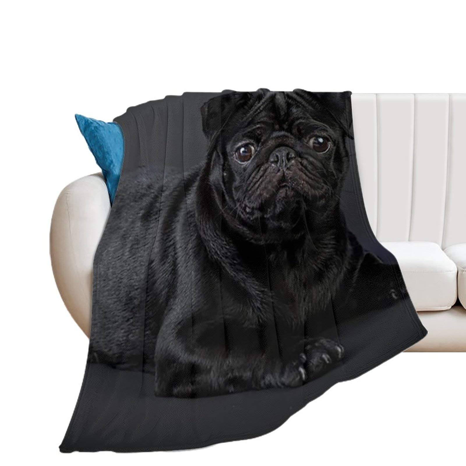 fifbird Classic Throw Blanket Flannel Fleece All Season Wrinkle Resistant Chair Decorative Blankets, Black Pug 80"x60"