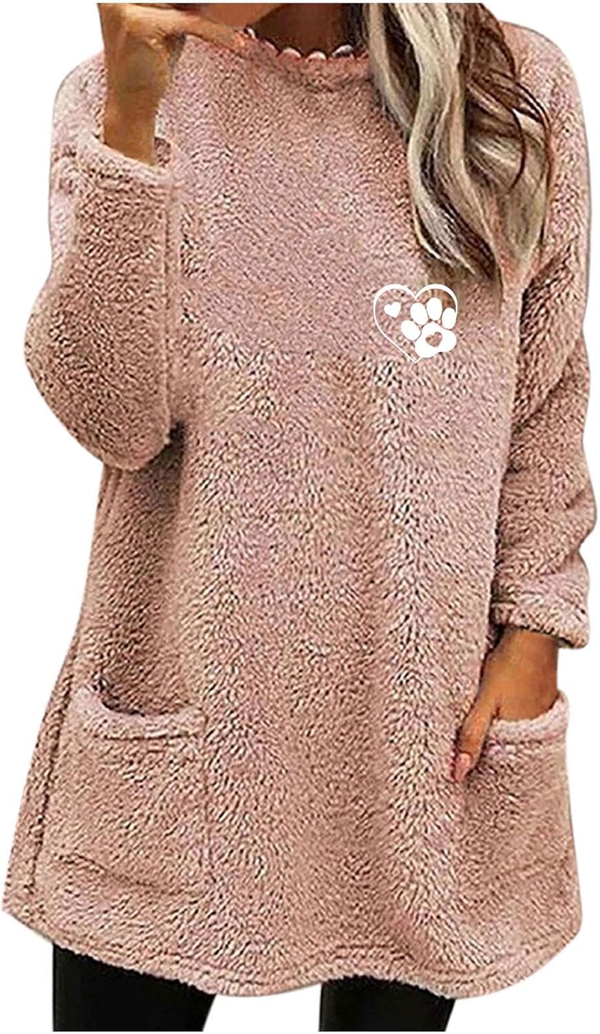 Cozy Women’s Fuzzy Sherpa Pullover Crewneck Sweatshirt with Fluffy Paw Design – Casual and Cute Long Sleeve Sweater