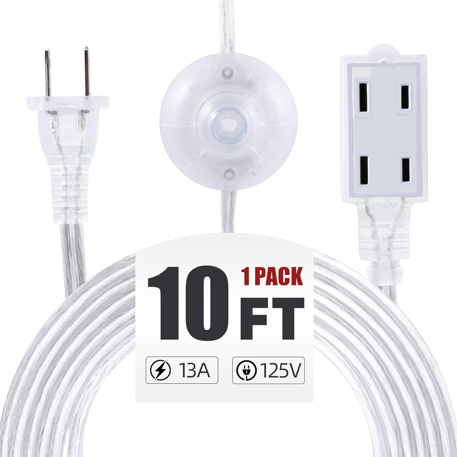 1 Pack Clear Extension Cord with Foot Switch 3 Outlet 10FT Invisible Extension Cord 2 Prong Power Cable Male to Female, UL-Certified, 13A/125V, 2 x 16 AWG