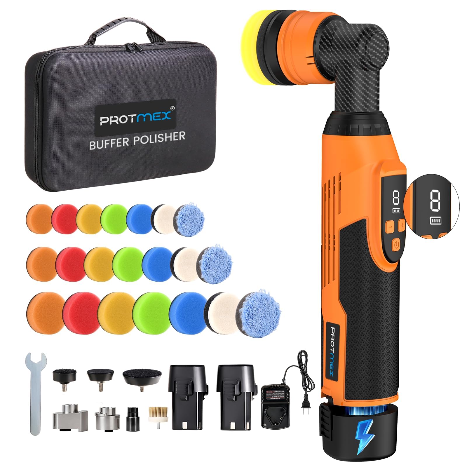 Protmex Mini Poliermaschine Auto Akku, 1.2/1.6/2 Inch Mini Poliermaschine 8 Geschwindigkeiten 2500-6000RPM Rotations&Orbital Polieren 12V 2.0Ah Batterie Auto Polier für Autodetailing