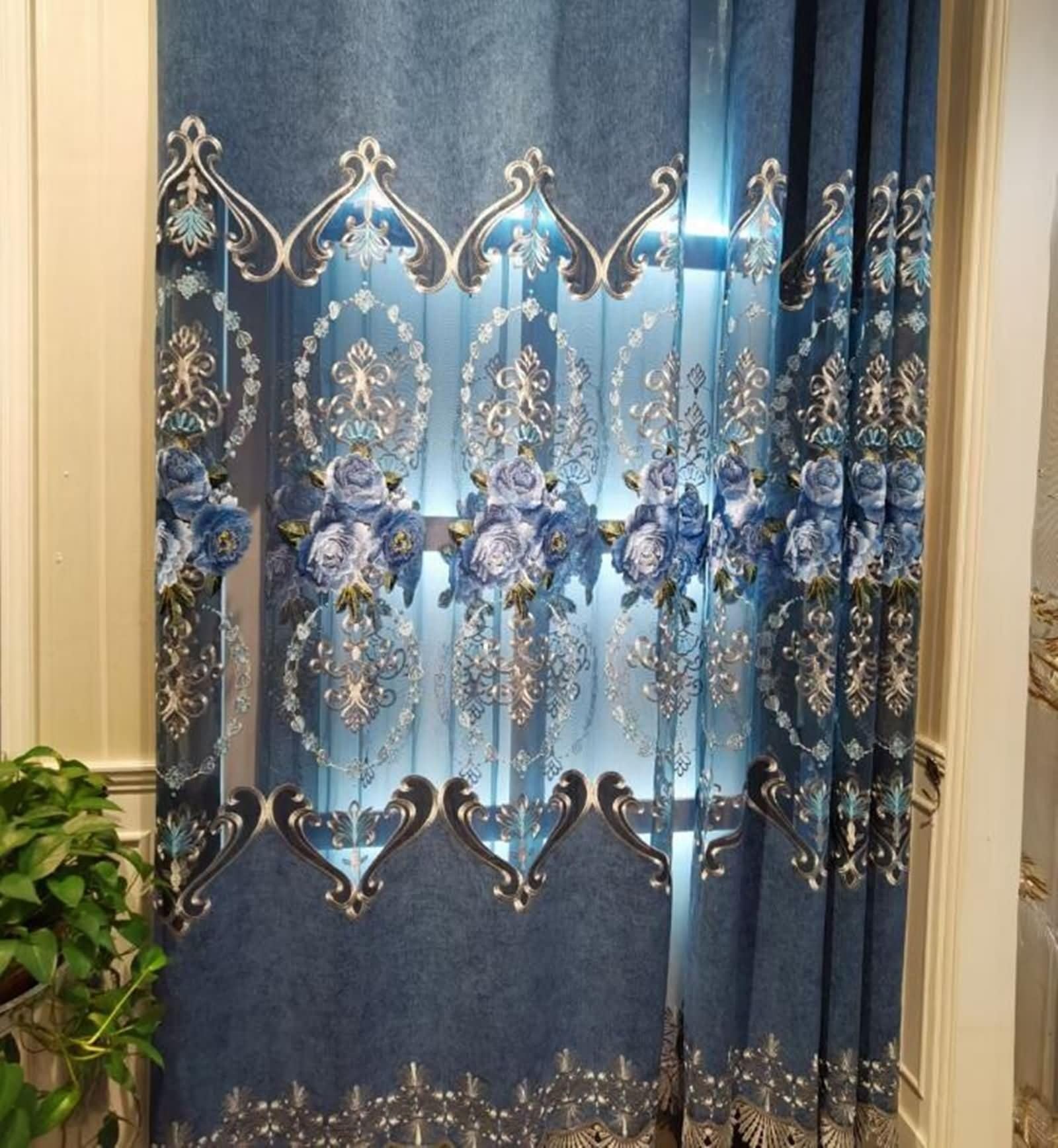 Wycian Barre Rideau Rideau Cuisine Bleu 2 Panneaux Chenille Motif de Broderie 96L x 138H Cm