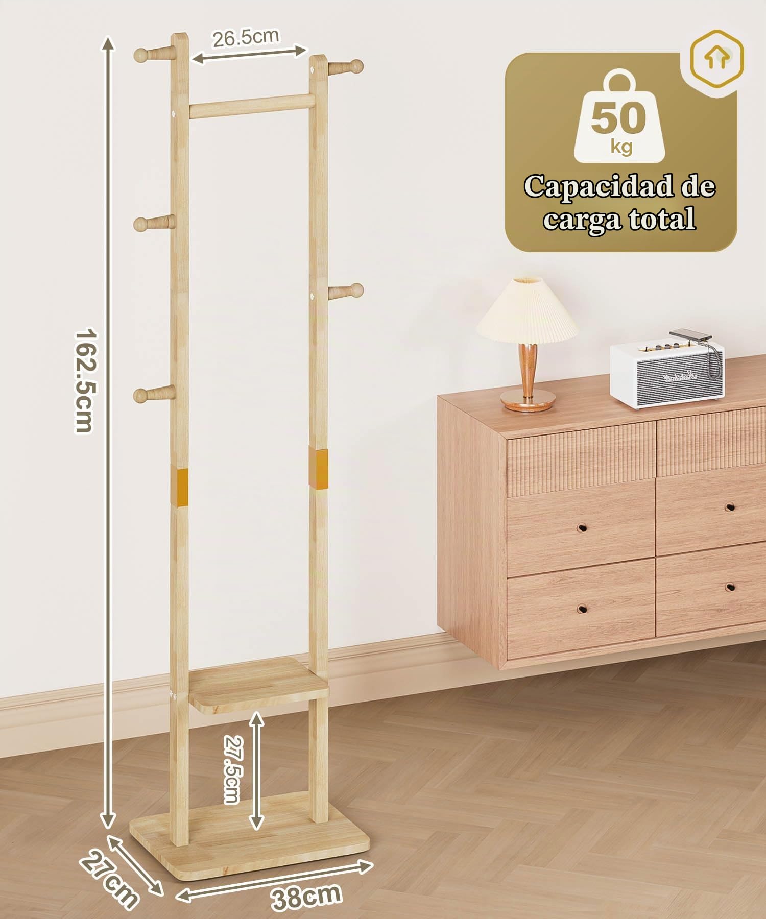 YORBAY Perchero de madera de pie: Burro Ropa con 2 estantes, 5 ganchos y 1 barra, ideal para guardar ropa, sombreros, chaquetas y bolsos, ideal para sala de estar Recibidor Dormitorio