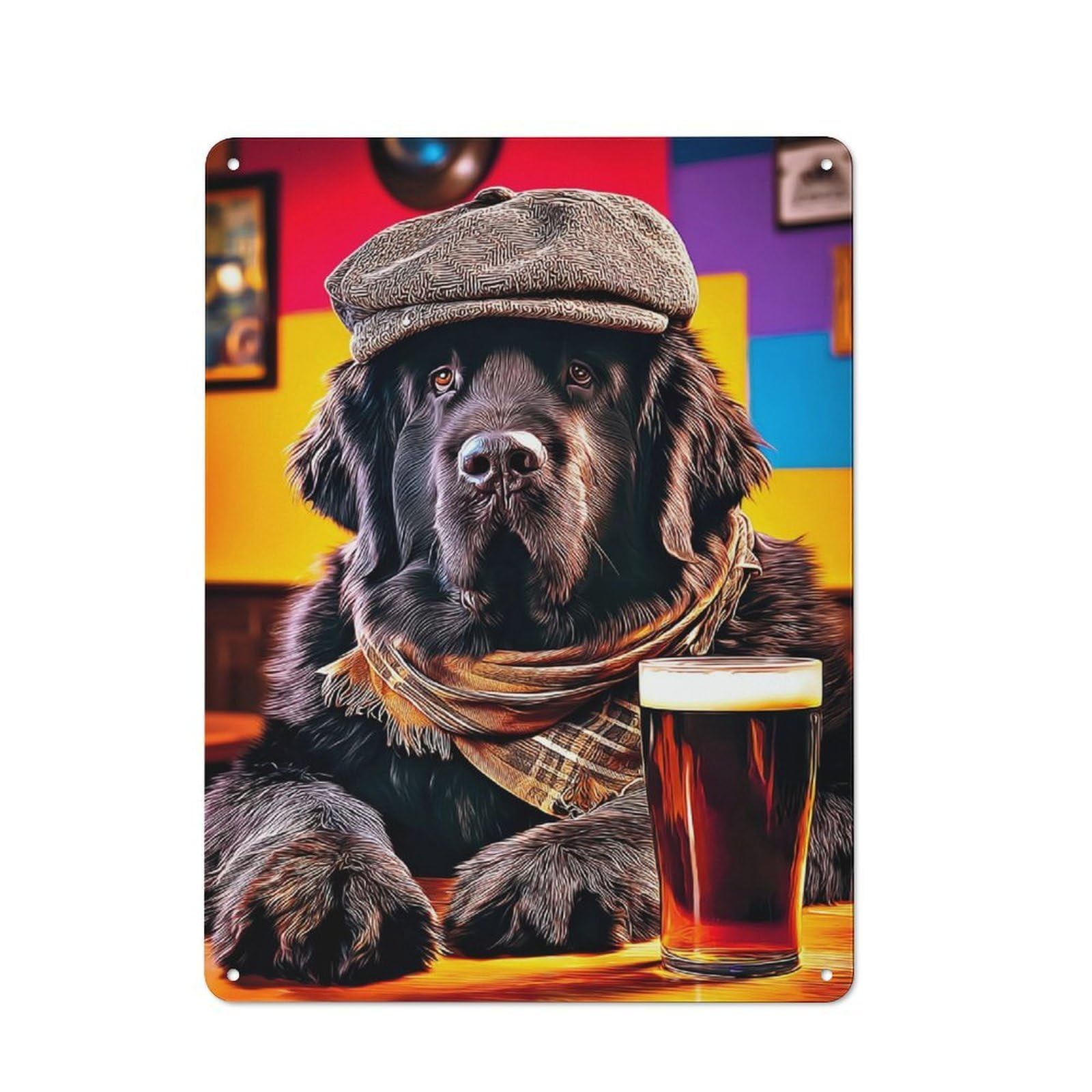 Junmoney Dog In Hat With Beer -2 Rustic Tin Sign 40X30cm, Vintage Porch Wall Decor For Conservatory, Home Bar Or Utility Room