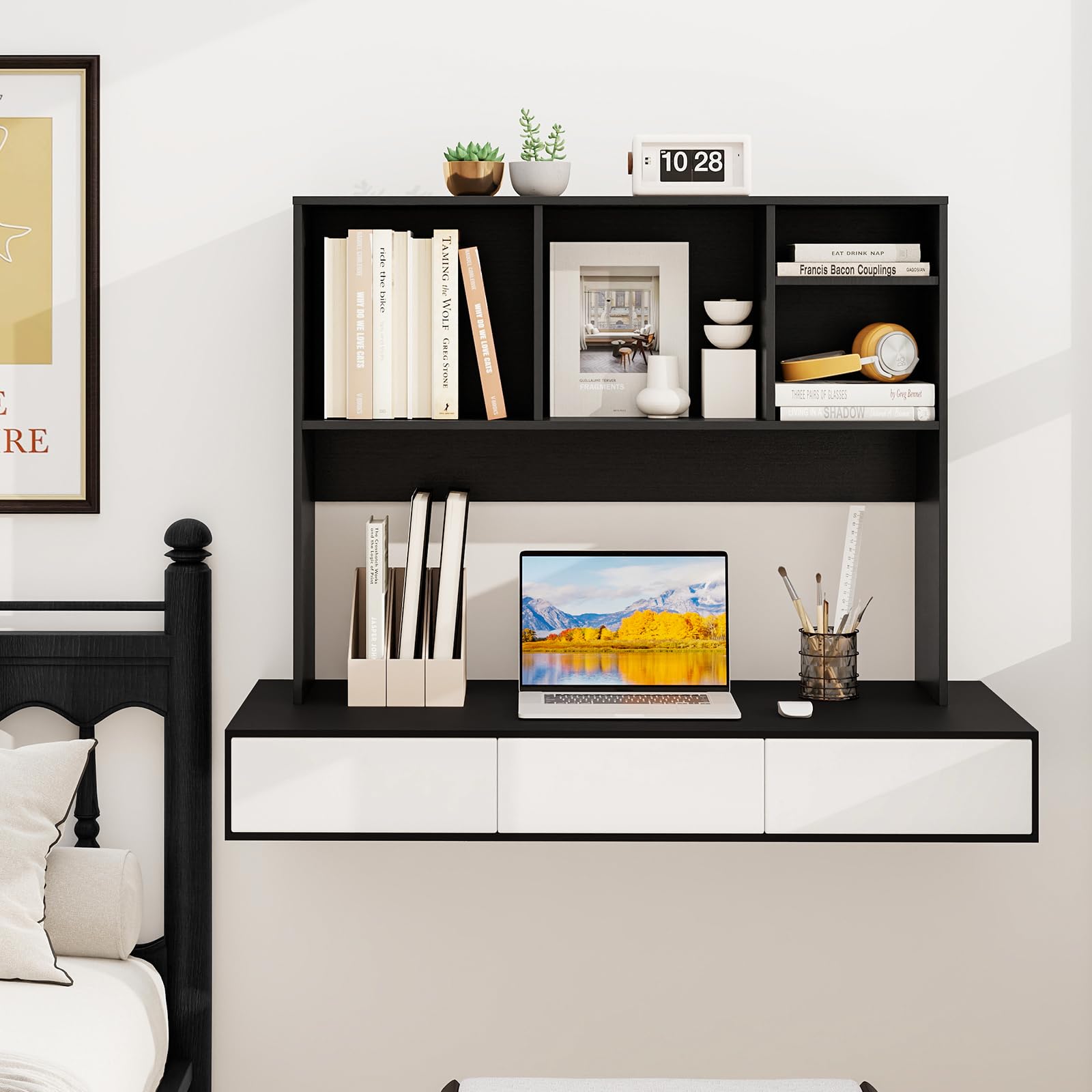 GIANTEX Scaffale da scrivania con 4 scomparti aperti, scaffale da tavolo con dispositivo di protezione ribaltabile e cuscinetti antiscivolo, in legno, 94 x 25 x 73 cm (nero)